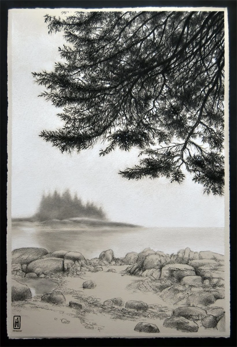 James Mundie's drawing of a beach in Maine, with a mist-shrounded island on the horizon against a white sky, and the dark silhouette of overhanging evergreen branches above.