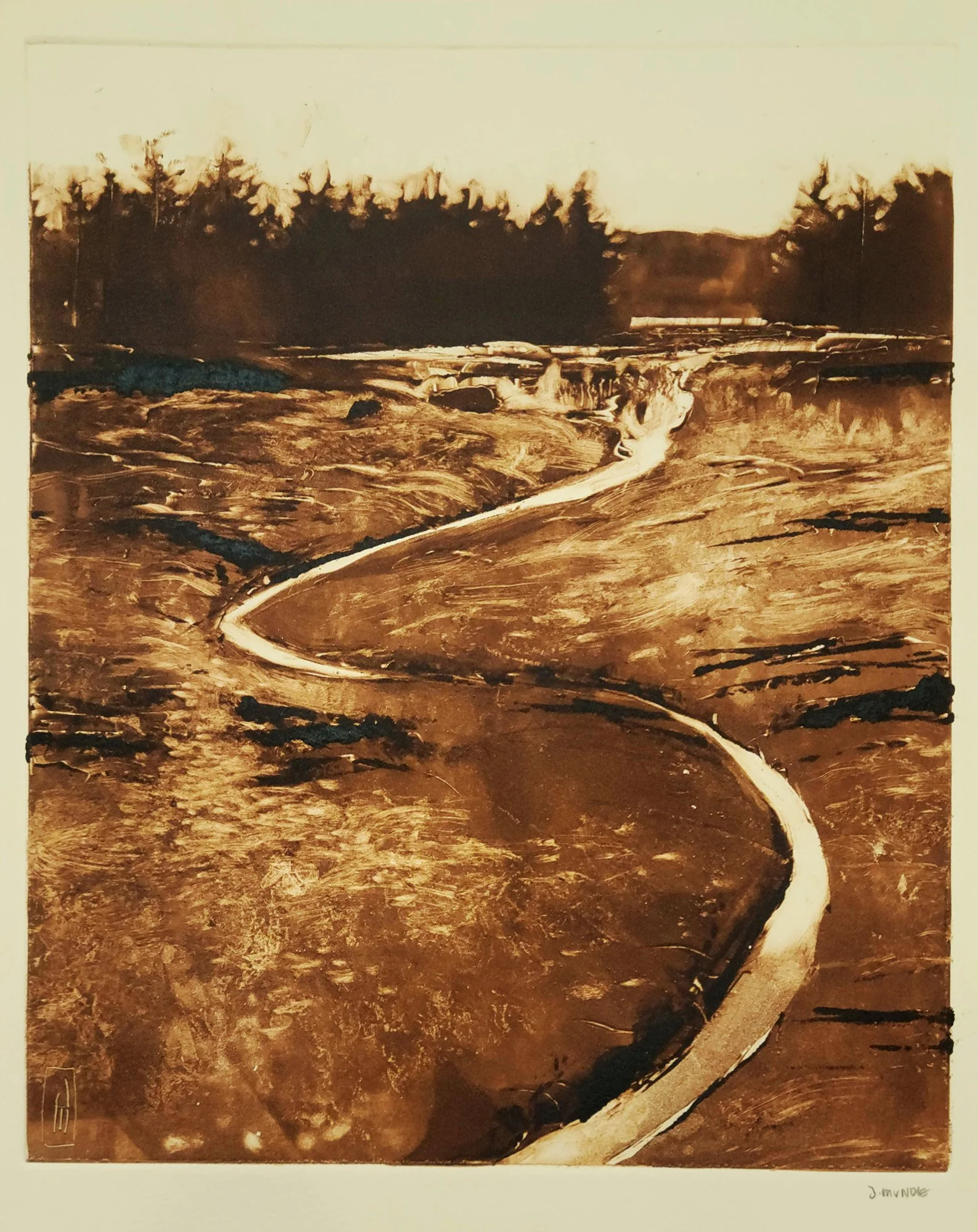 Monotype print in sepia ink depicting the mud of a cove in coastal Maine, with a snake-like trail of water reflecting the sky.