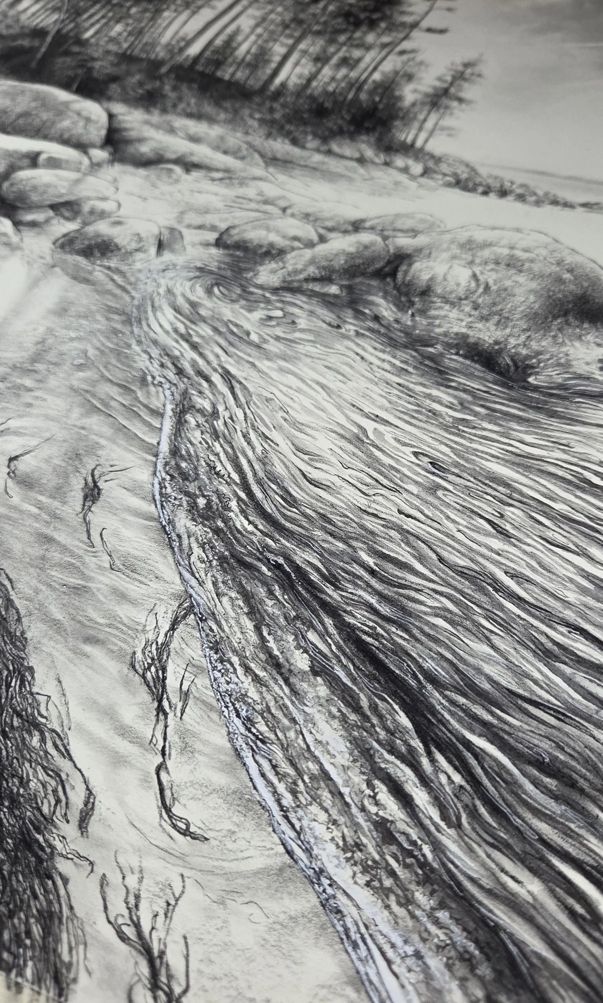 Detail of drawing showing the tide receding from a beach in Maine.
