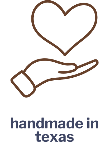 Outline of a hand holding a heart, with the text 'handmade in texas' underneath.