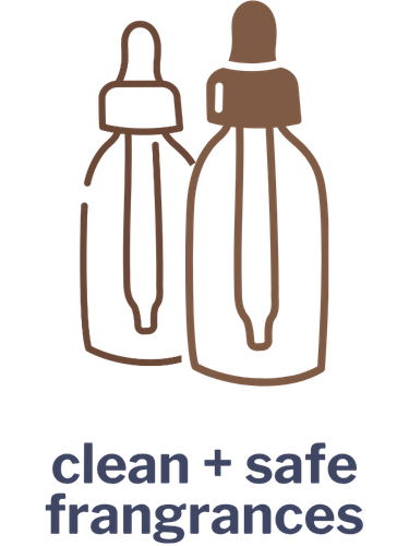 Two bottles with droppers labeled 'clean + safe fragrances' showing a focus on safe and clean fragrance products.