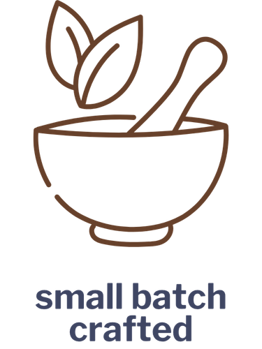 Line drawing of a mortar and pestle with two leaves, symbolizing small batch crafting.