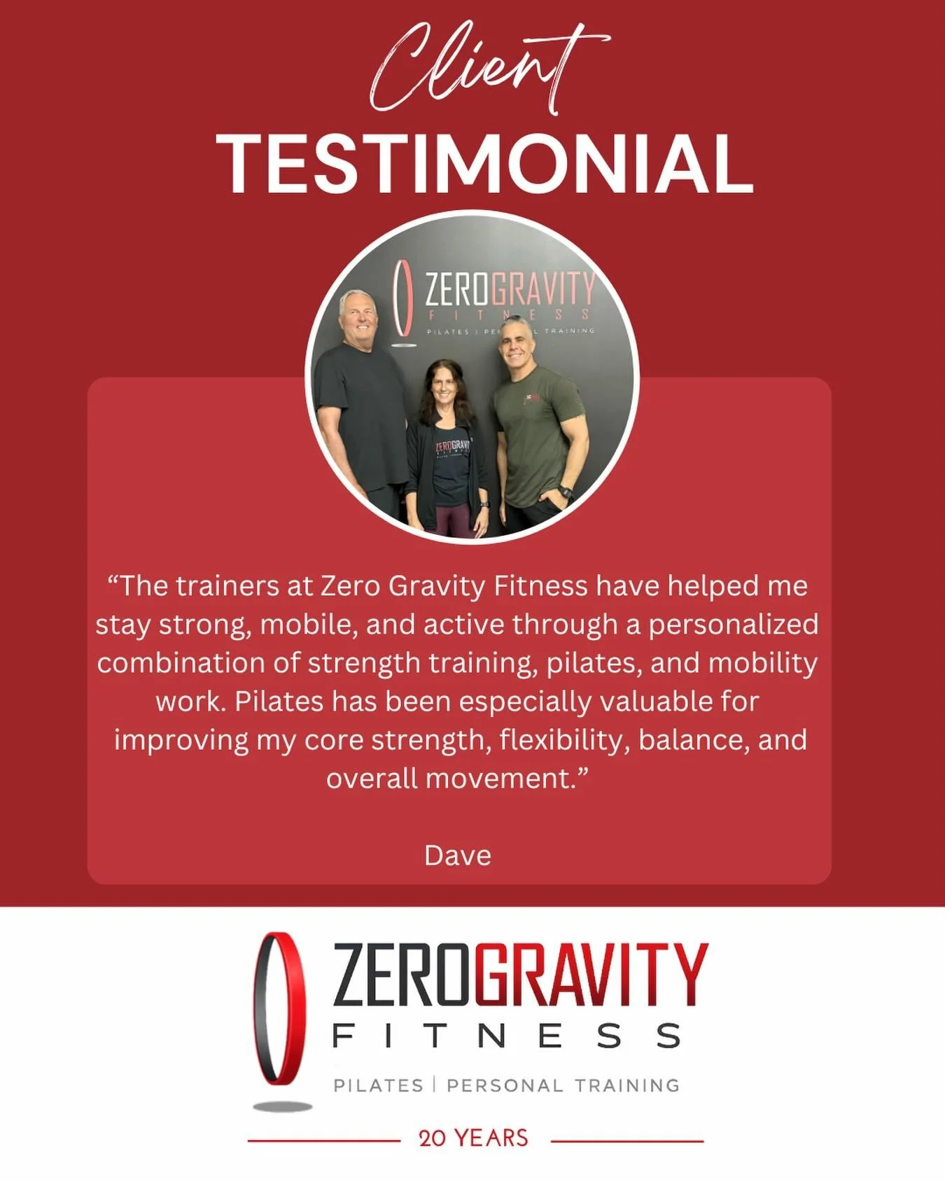Thank you, Dave, for trusting us with your fitness journey. We love celebrating the progress you&rsquo;ve made and look forward to what&rsquo;s ahead!

#ZeroGravityFitness #ClientTestimonial #Pilates #StrengthTraining #MoveBetterFeelBetter