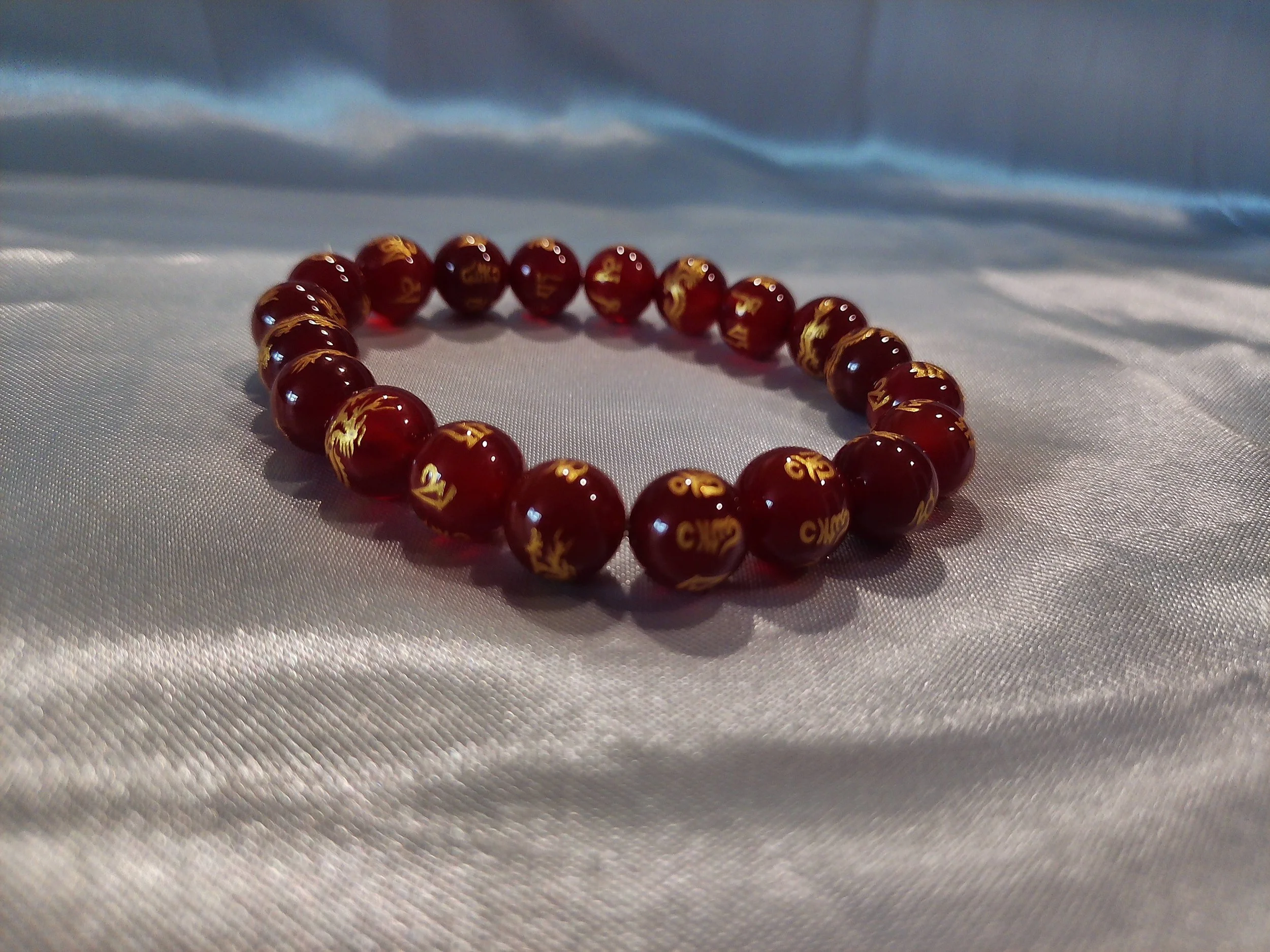 Stone Gemstone Red Agate w/ Carved Dragon Mantra Bracelet