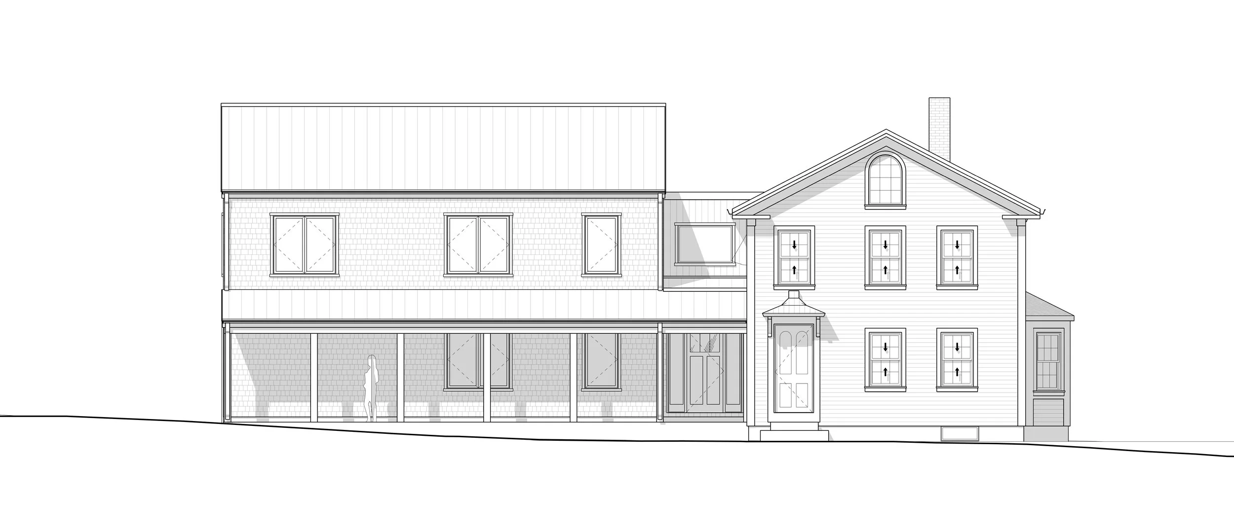Architectural drawing of a multi-story house in Hingham, Massachusetts showing windows, doors, and roof details.