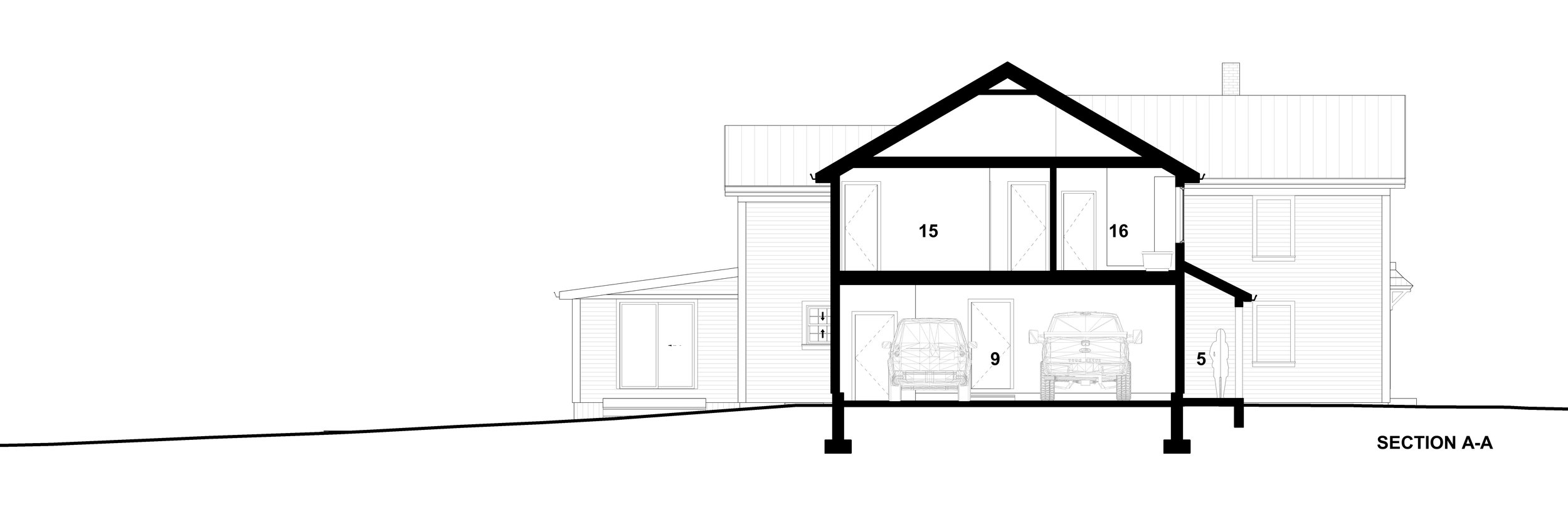 Architectural section of a house in Hingham, Massachusetts showing garage, living areas, and upper floors with numbered rooms.