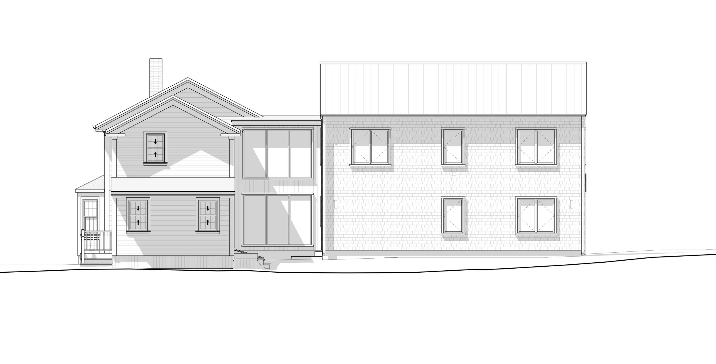 Line drawing of a two-story residential house in Hingham, Massachusetts with a sloped roof, multiple windows, and a small front porch.