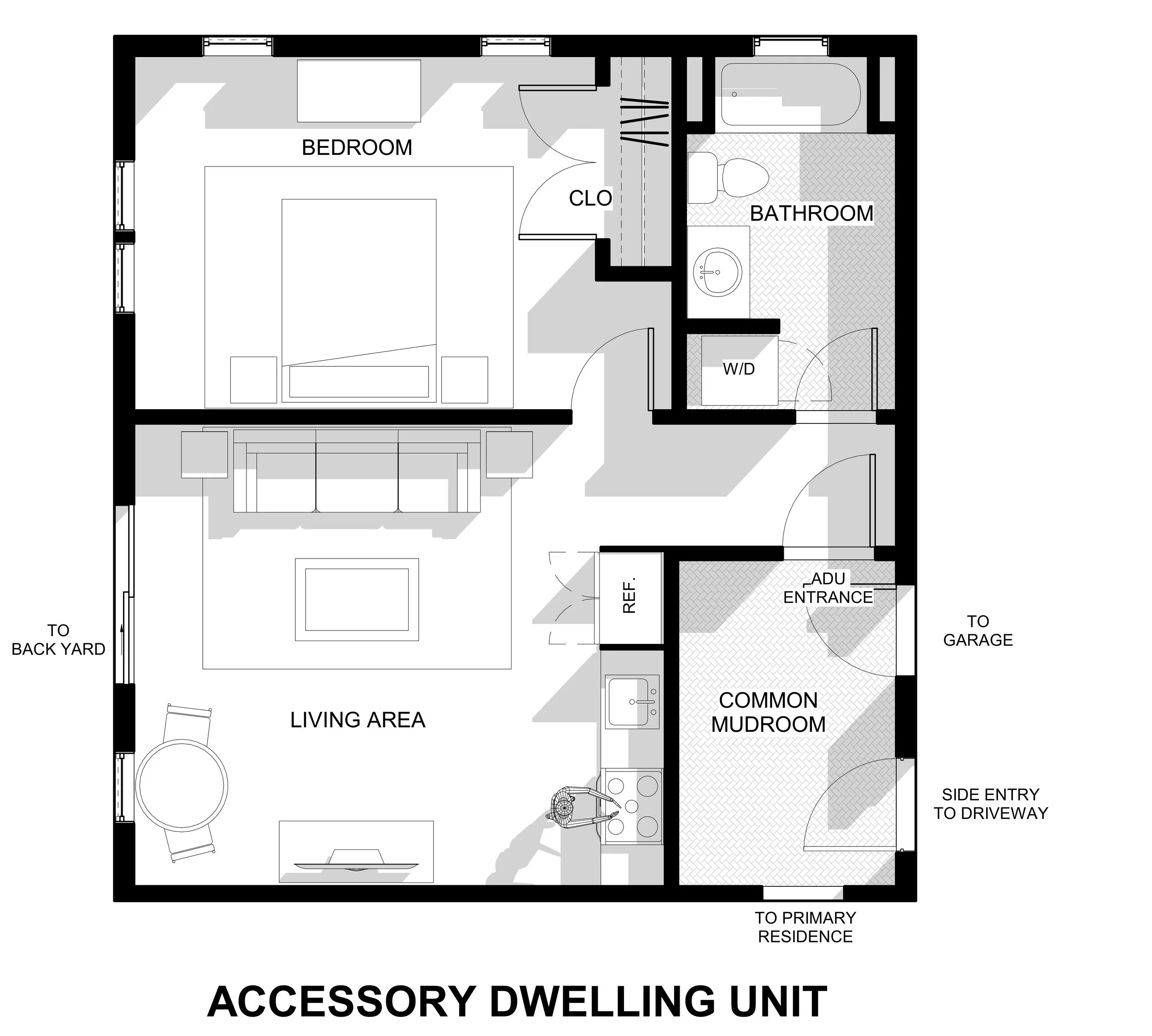 Floor plan of an accessory dwelling unit with labeled rooms including a bedroom, bathroom, living area, common mudroom, and kitchen, with doors, pathways, and exterior access points.