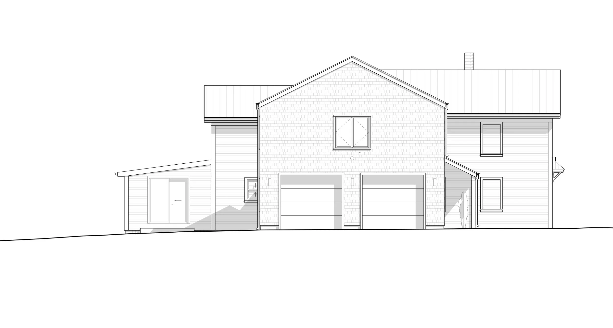Blueprint drawing of a modern two-story house in Hingham, Massachusetts with attached garage and woman standing outside.