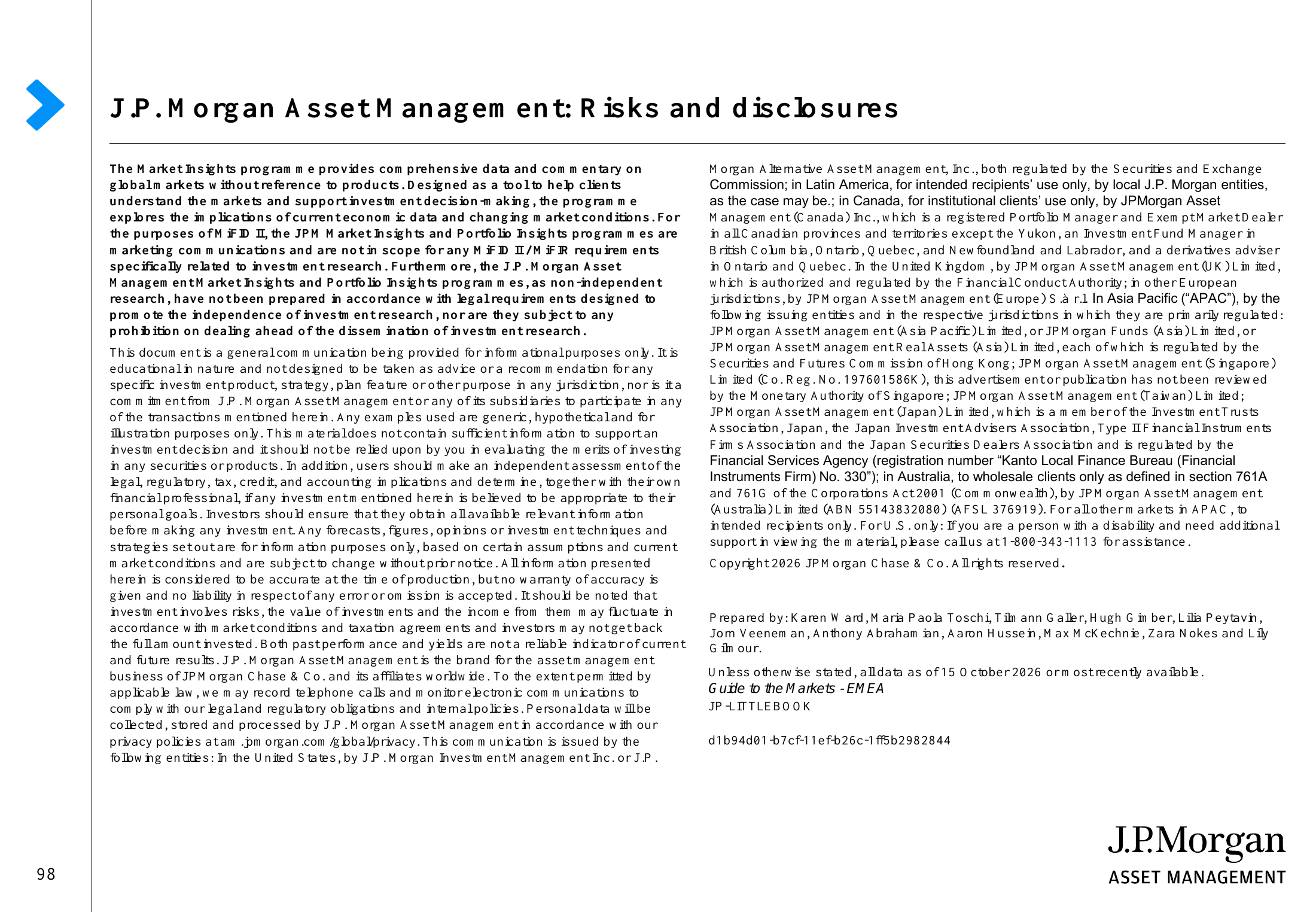 Avvertenze originali J.P. Morgan Asset Management della Guide to the Markets – EMEA, pagina 98, edizione aggiornata al 15 ottobre 2026.