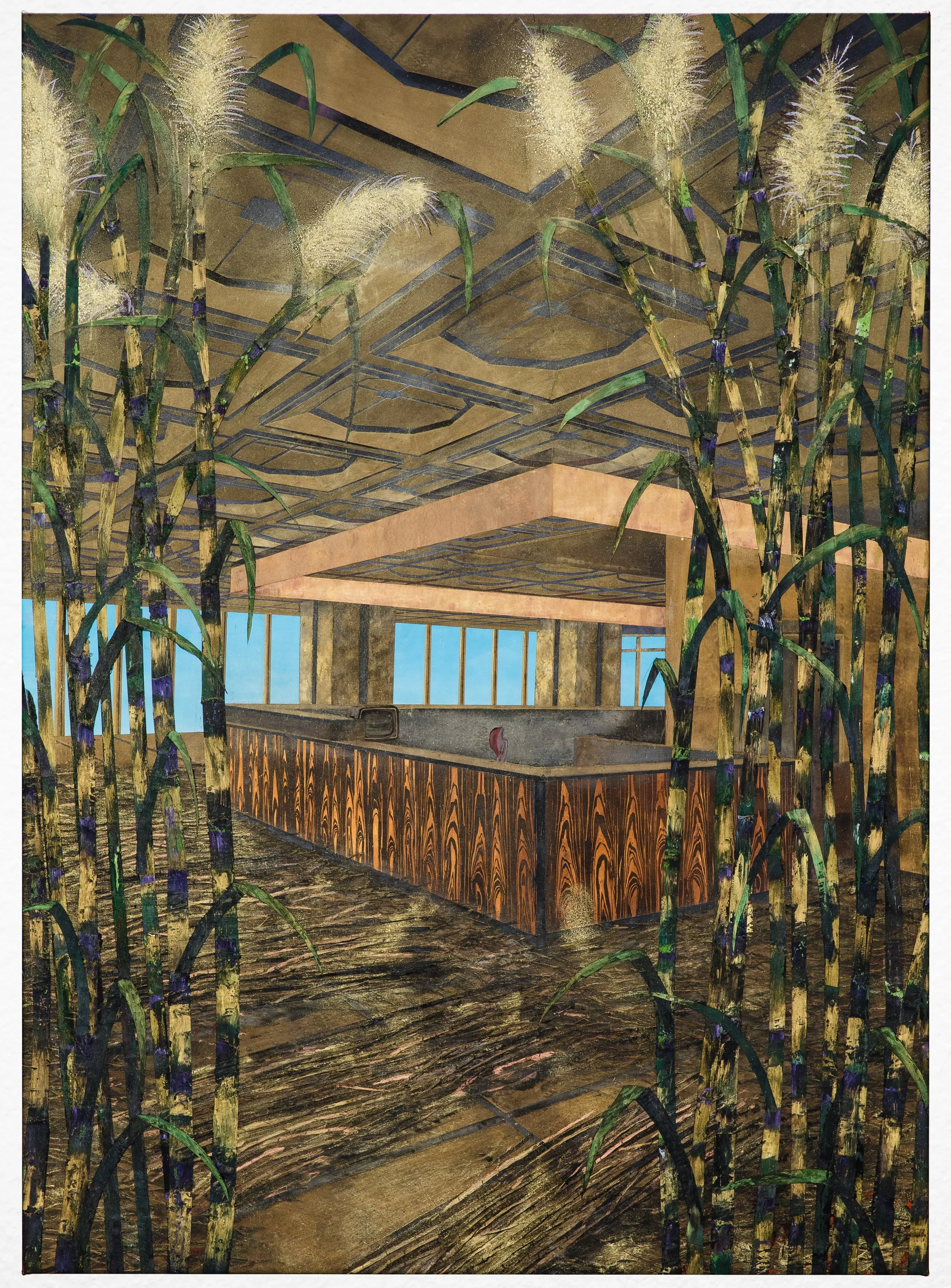 Sugar Bank, from the series Construct of a No-Country, 2024, oil, beeswax nad gold pigment of canvas, 72" x 52". Photo by Fernando Ortiz.