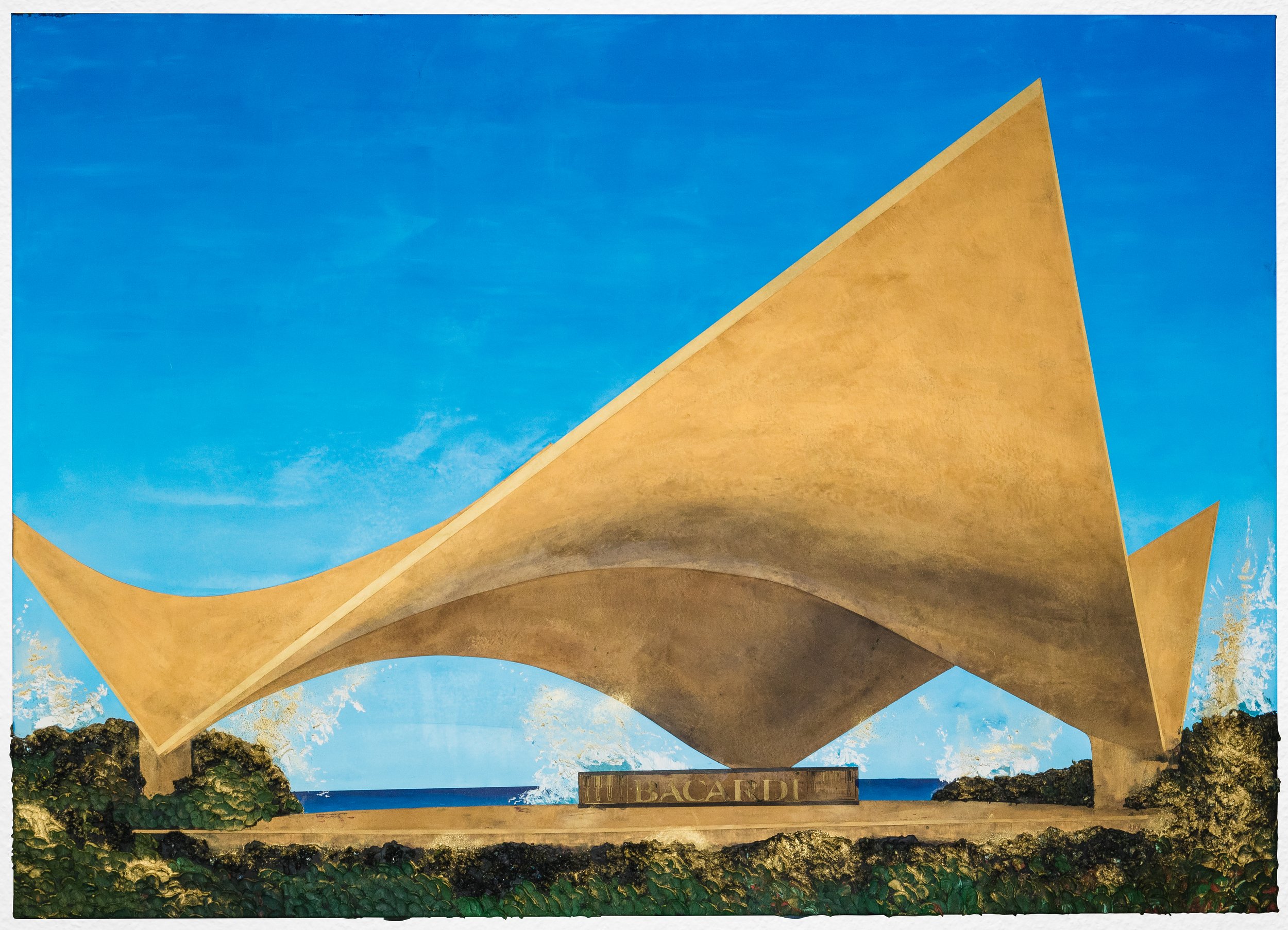 Tropical Illusion, from the series Construct of a No-Country, 2024, oil, beeswax nad gold pigment of canvas, 60" x 84". Photo by Fernando Ortiz.