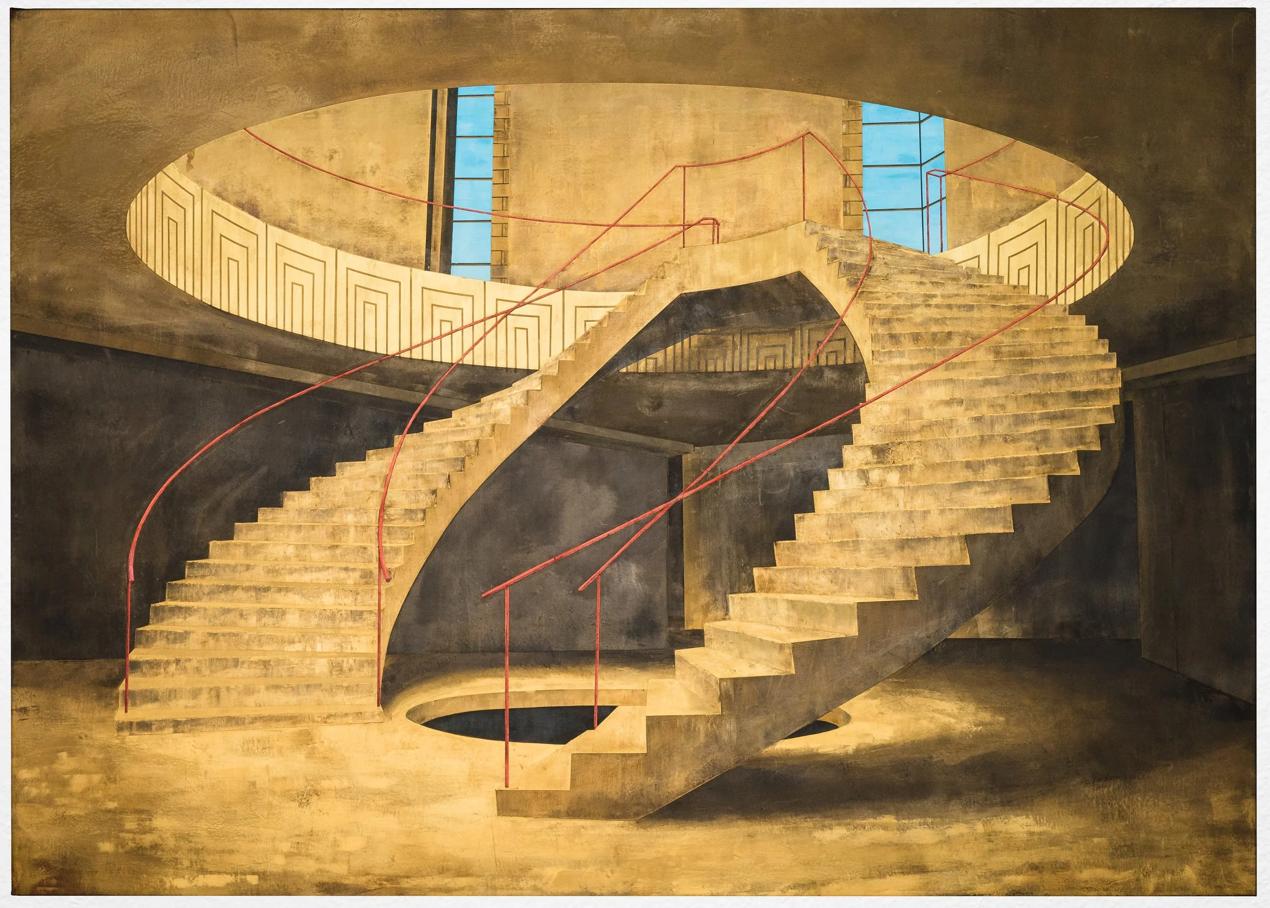 Concrete Museum, from the series Construct of a No-Country, 2024, oil, beeswax and gold pigment of canvas, 60" x 84". Photo by Fernando Ortiz.