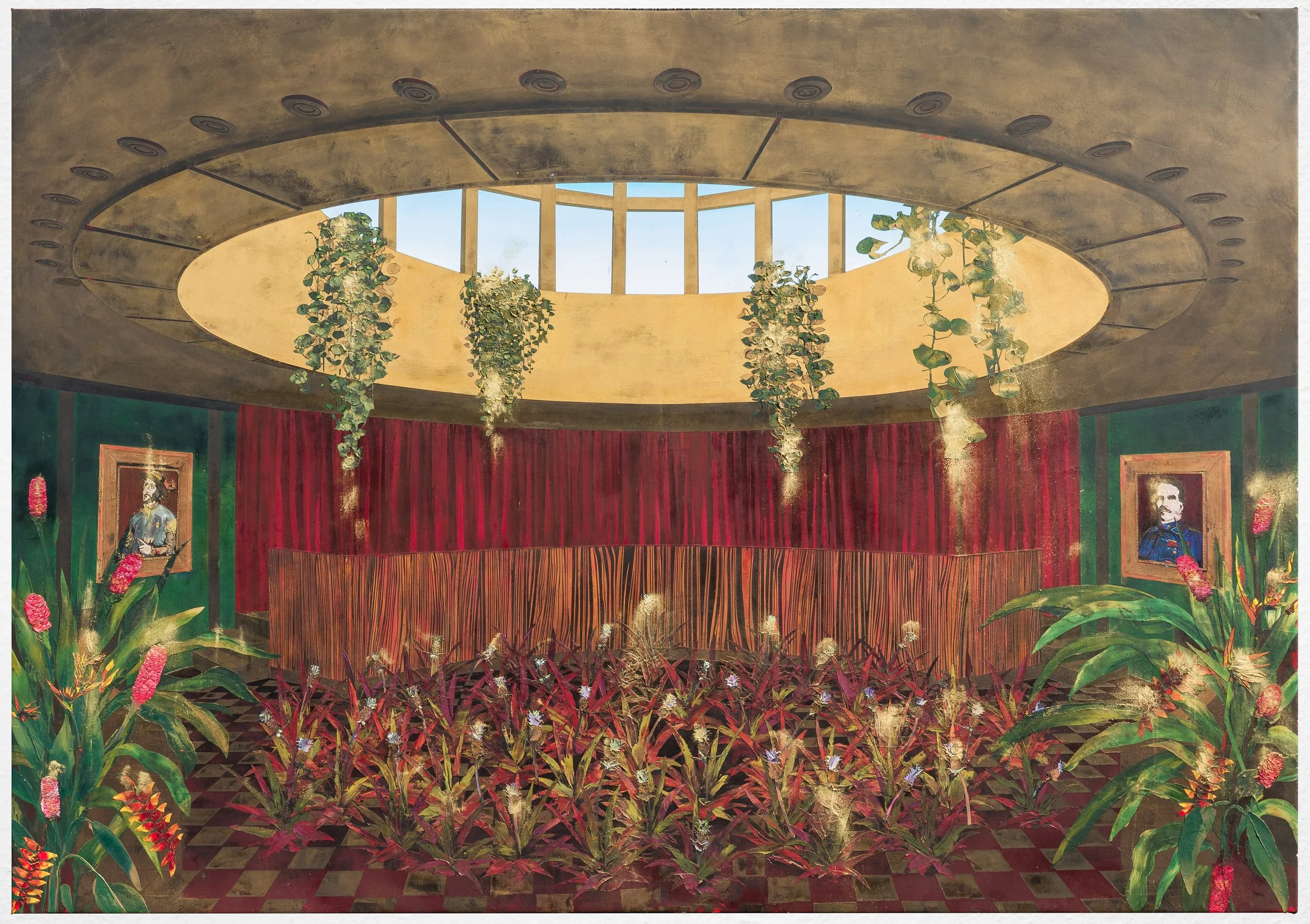 The Supreme Theatre of Puerto Rico, from the series Construct of a No-Country, 2024, oil, beeswax and gold pigment of canvas, 214 x 305. Photo by Fernando Ortiz.