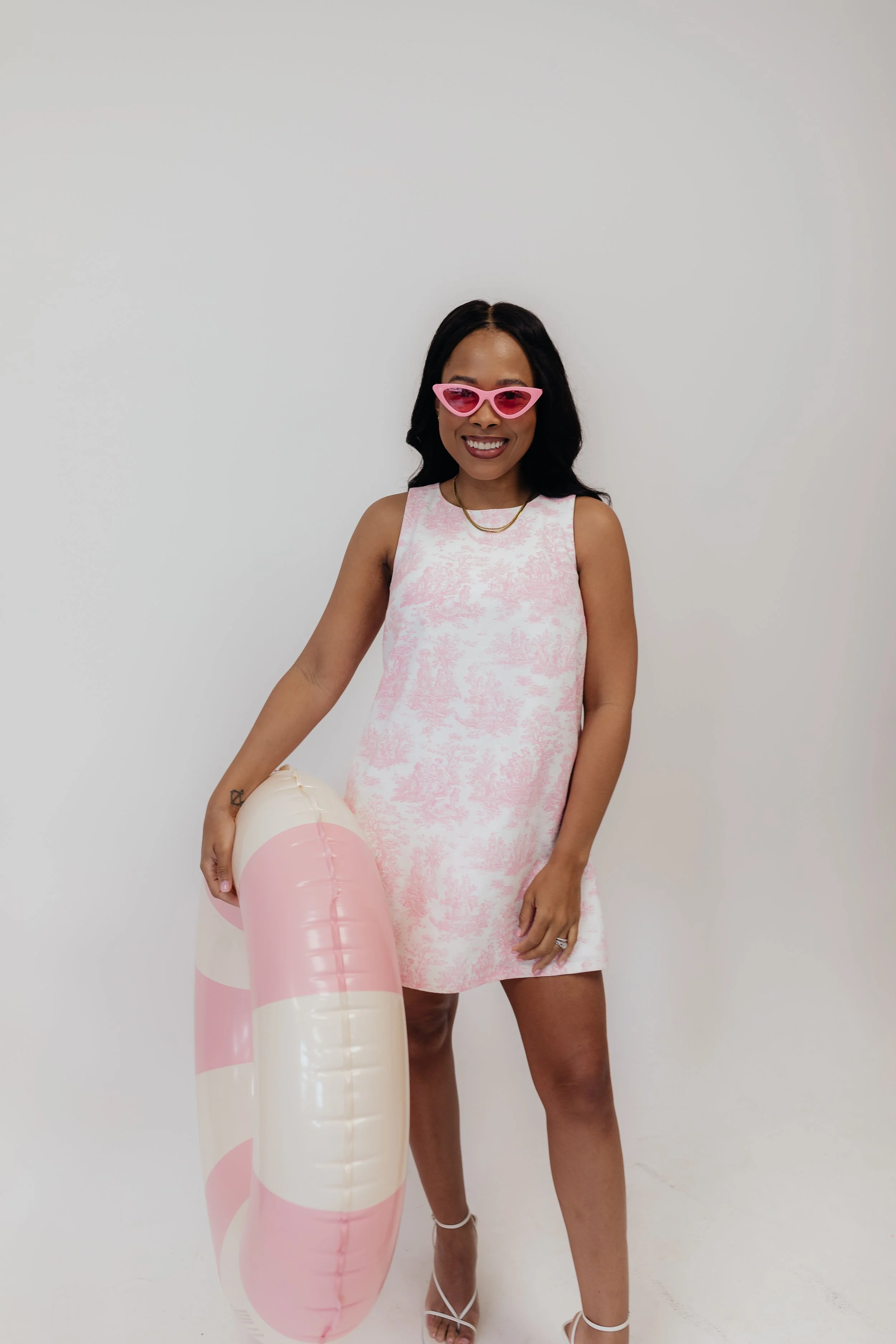 Janie Toile Shift Dress in Poppy Pink