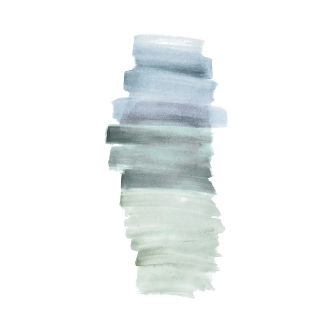 Watercolor swatches in shades of blue, gray, and green arranged vertically.