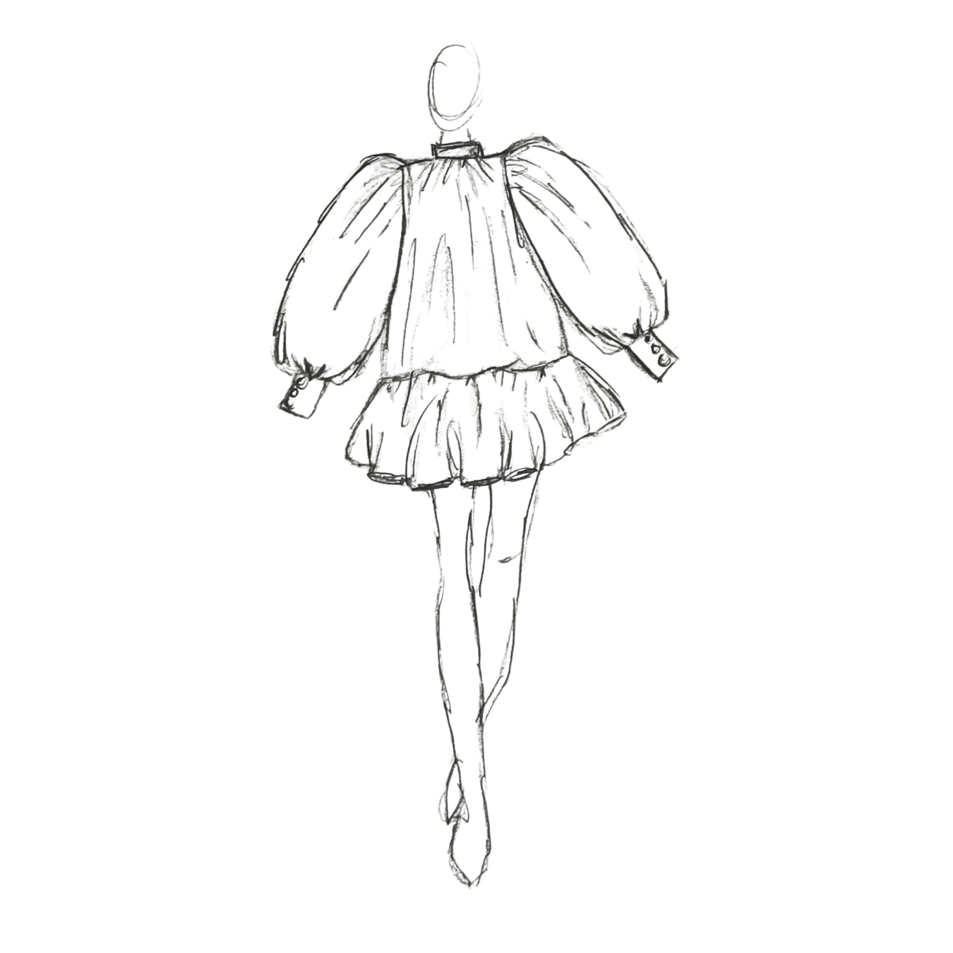 Line drawing of a fashion model wearing a designer dress and high heels.