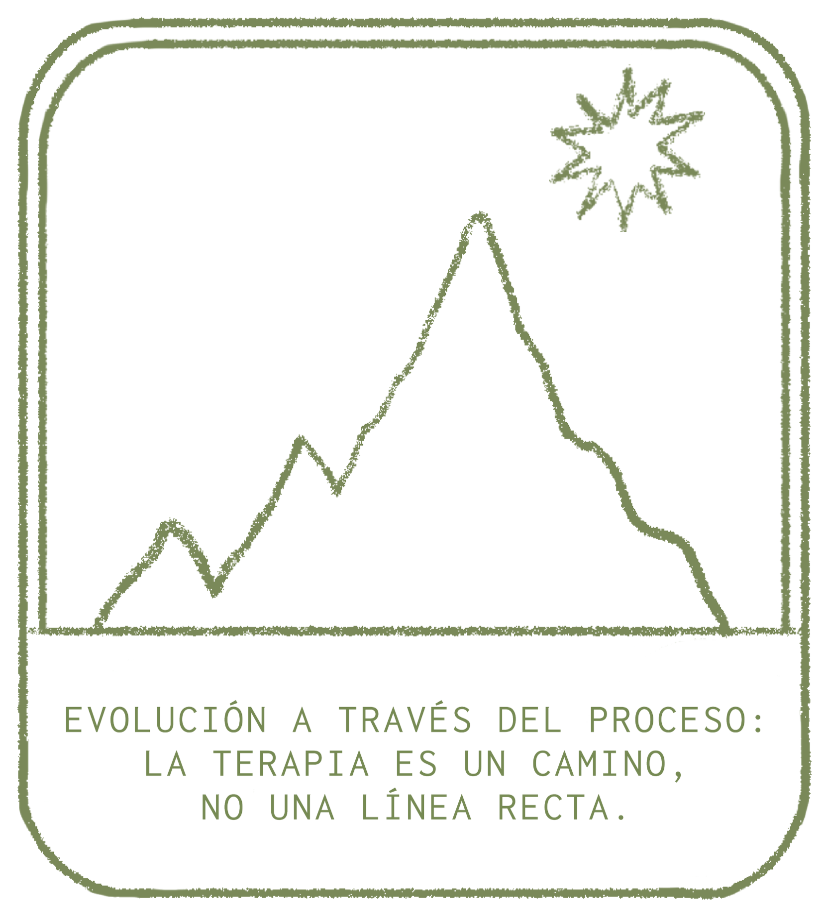 Sello gráfico de montaña estilizado en tonos verdes, símbolo de desarrollo personal y superación.