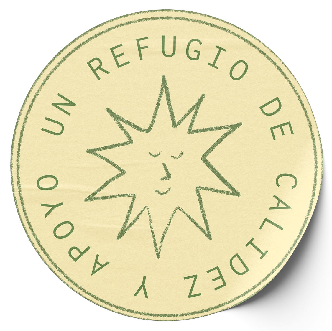 Pegatina gráfica de sol, estilizada en tonos amarillos y verdes, símbolo de calidez y apoyo.