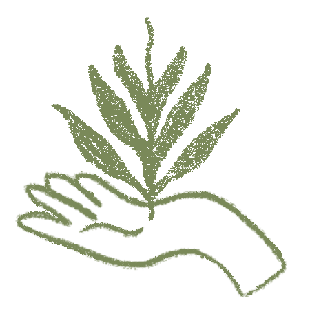 Ilustración gráfica de planta creciendo en medio de la palma de una mano, estilizado en tonos verde, símbolo de crecimiento personal.