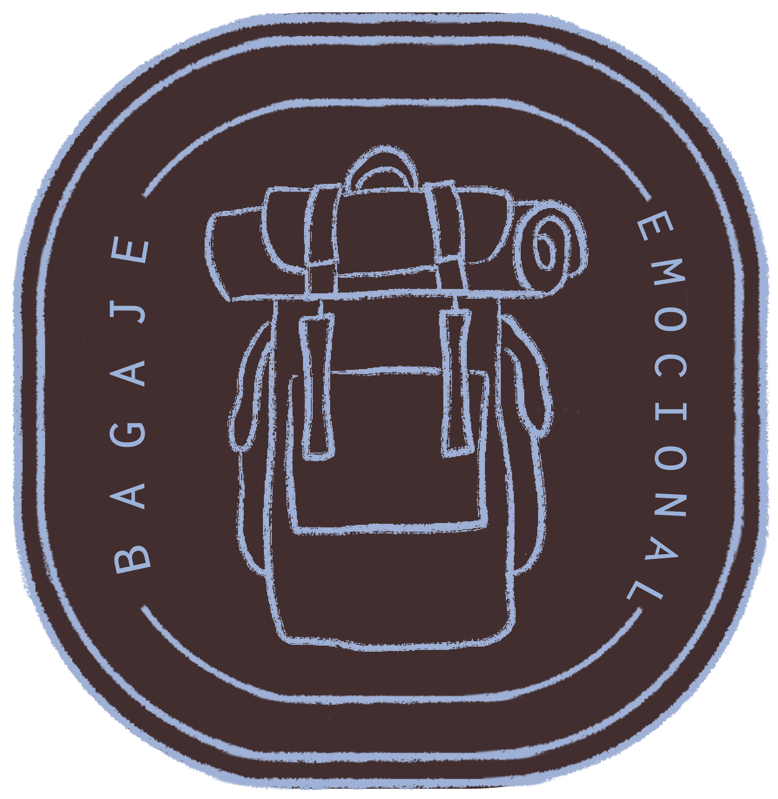 Pegatina gráfica de mochila, estilizada en tonos azules y marrones, símbolo de bagaje emocional.