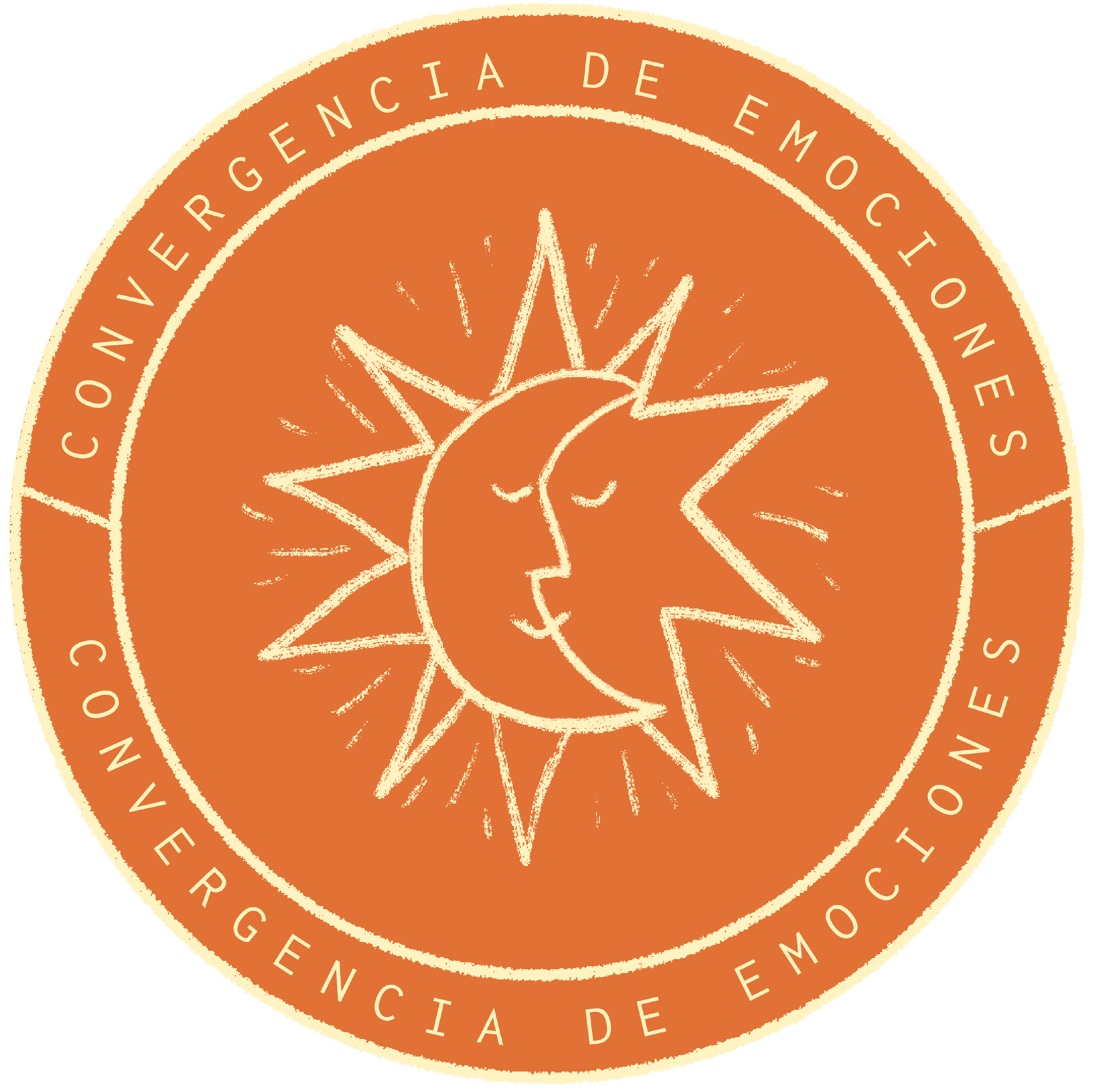 Pegatina gráfica de eclipe, estilizada en tonos amarillos y naranjas, símbolo de convergencia de emociones.