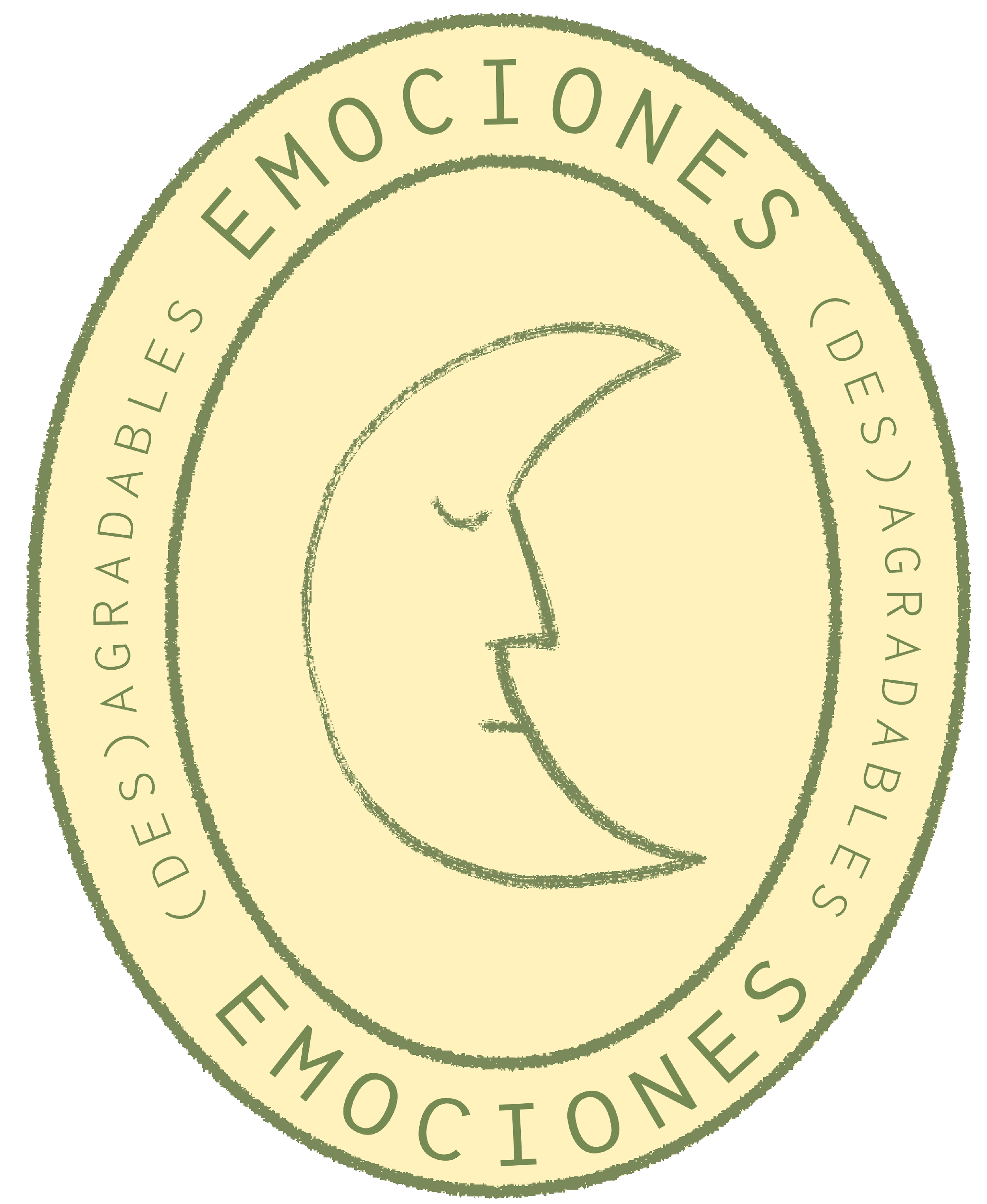 Pegatina gráfica de luna, estilizada en tonos amarillos y verdes, símbolo de emociones agradables y desagradables.