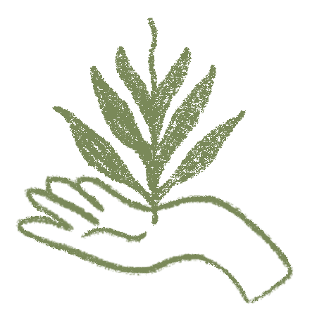 Ilustración gráfica de planta creciendo en la palma de una mano, estilizada en tonos verdes, símbolo de crecimiento personal y salud mental.