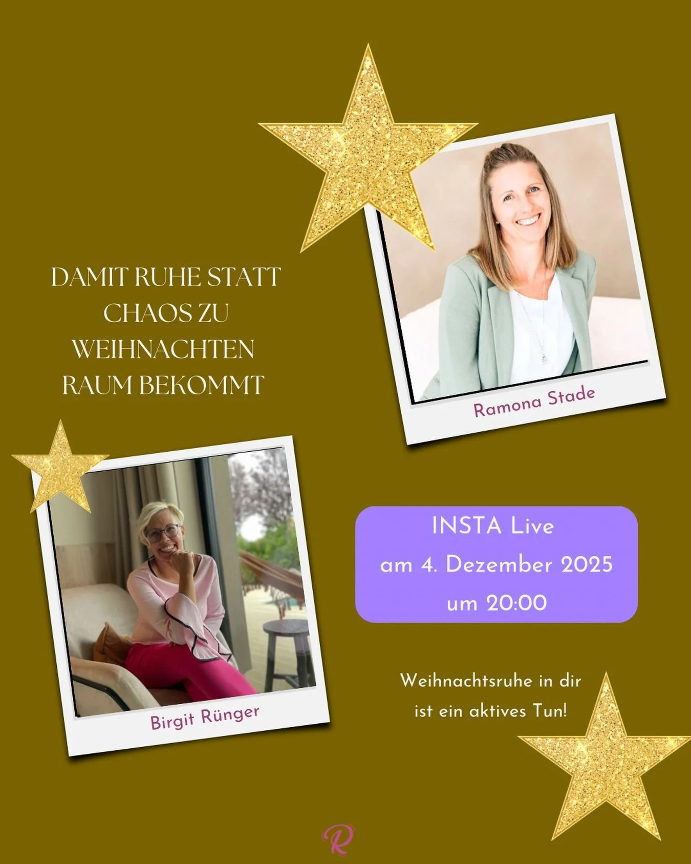 ✨ Raus aus dem Weihnachtschaos &ndash; rein in die innere Ruhe.
Am 4. Dezember um 20 Uhr gehe ich gemeinsam mit Ramona @ramona.stade live auf Instagram und wir sprechen dar&uuml;ber, wie du dir in dieser intensiven Zeit bewusst Raum f&uuml;r Ruhe sch