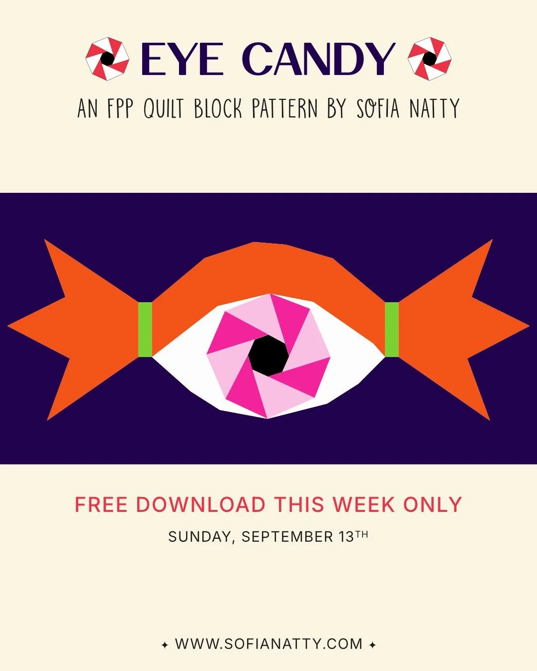 The Eye Candy FPP block is here! 👁️🍬 Isn&rsquo;t she the sweetest little monster?! 
Download it FREE this week only at www.sofianatty.com | link in bio 
This Foundation Paper Piecing block finishes at 10&rdquo; &times; 20&rdquo;. Fabric requirement