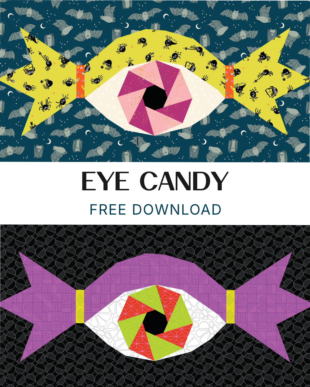 Illustration of two stylized eyes made of geometric shapes, one with a yellow star-shaped pattern and the other with a purple star-shaped pattern, filled with cartoonish bugs, bats, owls, and moons. The image promotes free downloadable eye candy designs.