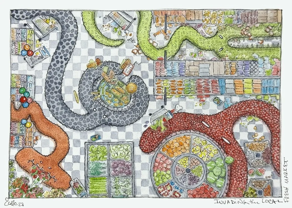 "Invading the Local Fresh Market" - A Jelly Garden Habitat Destruction watercolor art print by Erica Christensen