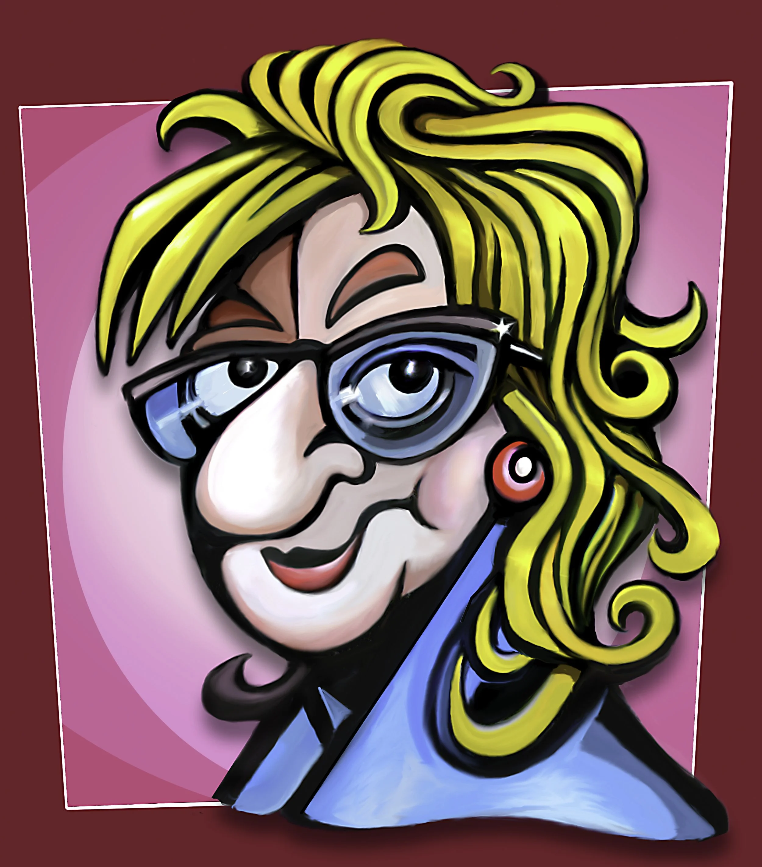 Colorful digital illustration of a woman with curly blonde hair, wearing glasses, red earrings, and a blue jacket, on a pink and dark red background.