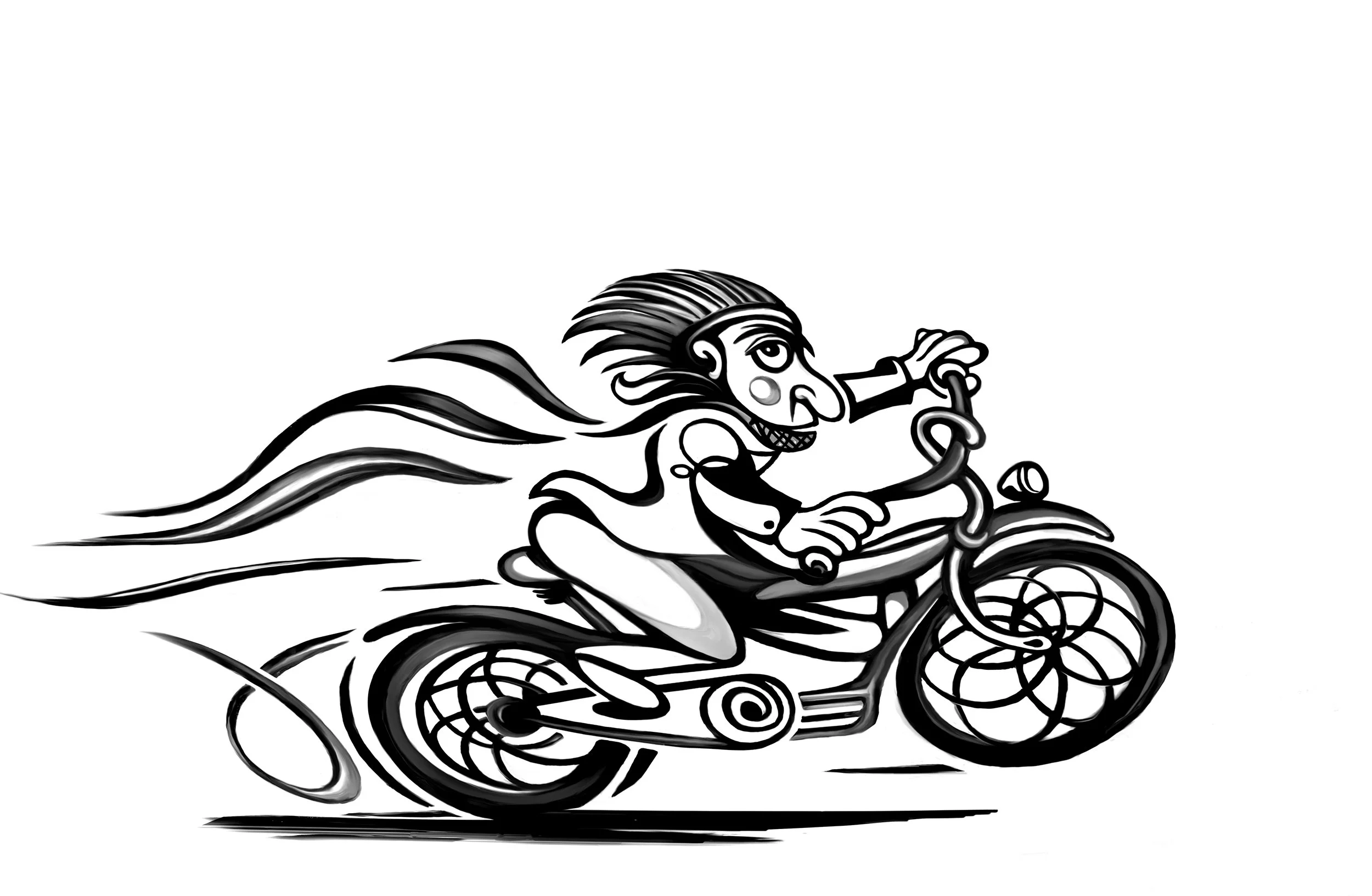 Black and white illustration of a person with a large nose, long hair, and a cheerful expression riding a motorcycle at high speed, with motion lines indicating speed.