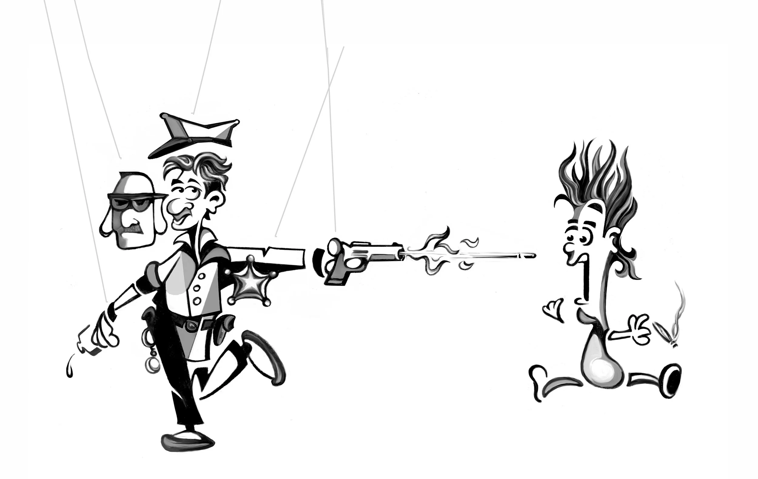 Cartoon drawing of a police officer shooting a flaming gun at a surprised, smoking person with wild hair.