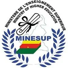 Logo of the Ministry of Higher Education in Cameroon, featuring a diploma scroll, map with flag colors, and laurel branches.