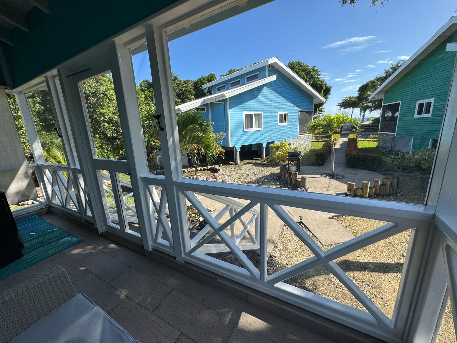 View from a screened porch looking out onto a sunny backyard with blue and green houses, palm trees, a concrete pathway, and a small landscaped garden area.