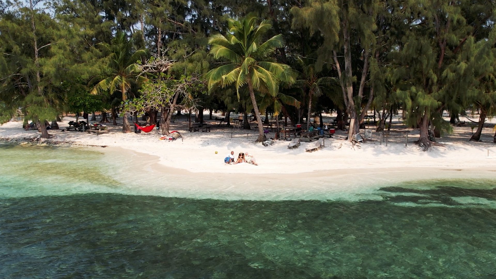 A tropical beach with white sand, clear green water, and tall palm trees. Several people are sitting on the sand, with a red hammock tied between trees and picnic tables under the canopy.