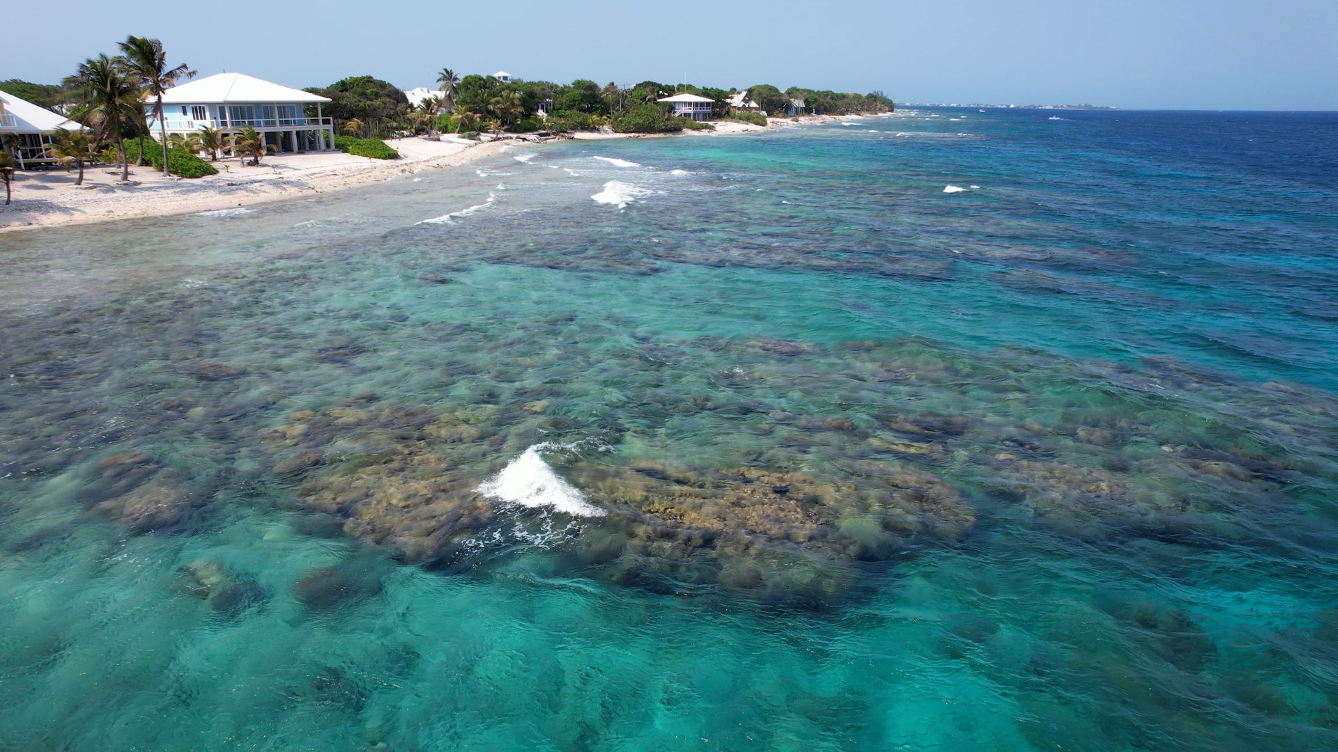 A tropical beach with white sand, palm trees, and clear turquoise water, revealing a coral reef below.