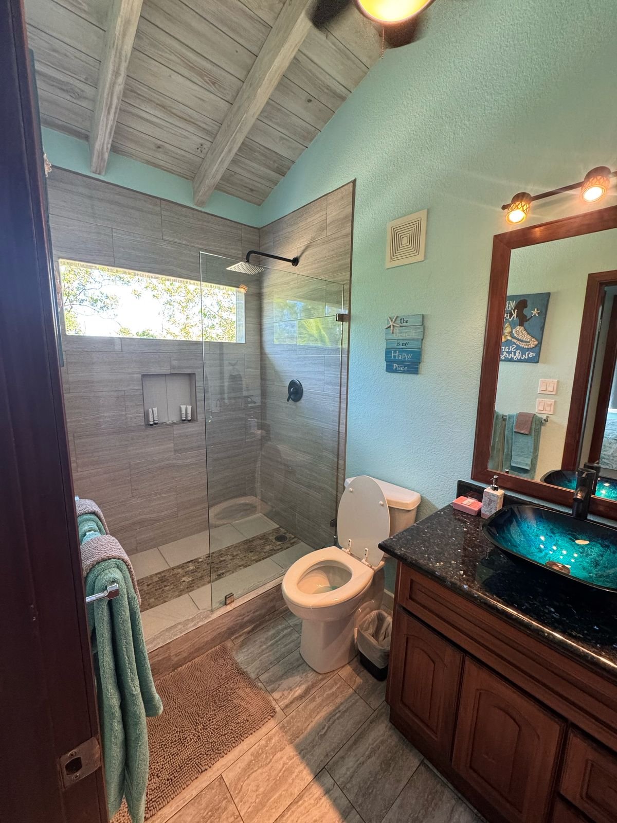 Bathroom with a walk-in shower featuring a glass door, a toilet, a dark granite vanity with a vessel sink, a mirror with lights, and aqua-colored walls with tropical decorations.