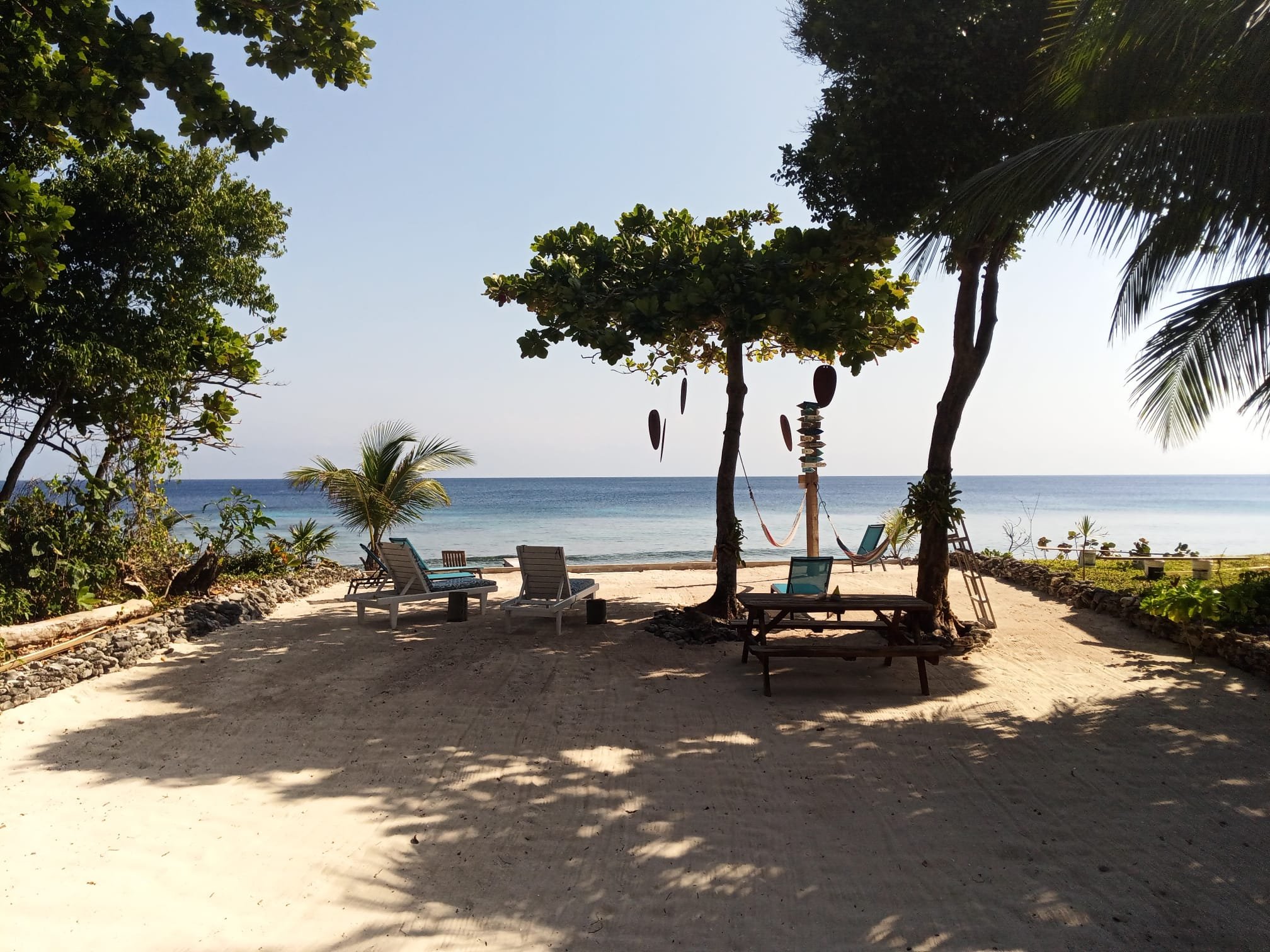 A beach scene with trees, lounge chairs, and a hammock facing the ocean, under a clear sky.