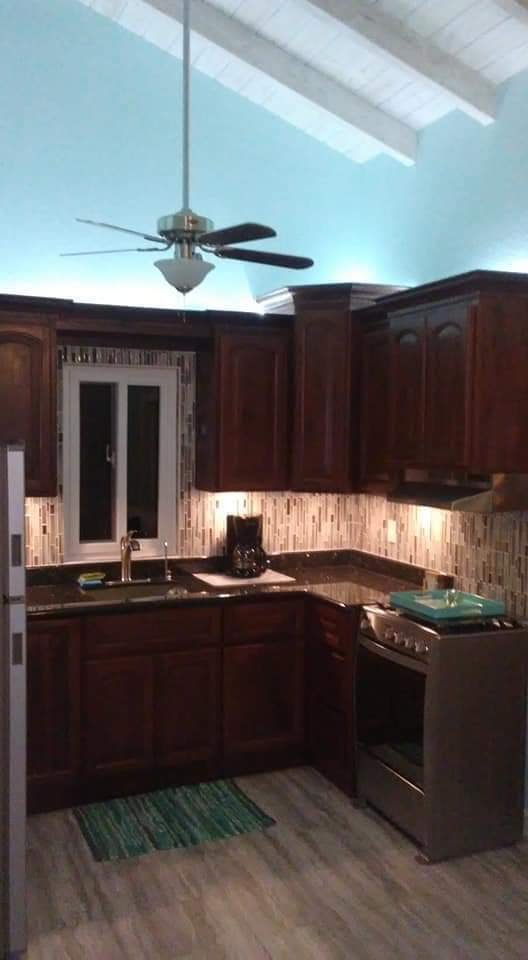 Kitchen with dark wood cabinets, a window above the sink, a stove, and a green striped rug on the wood floor, with a ceiling fan overhead.
