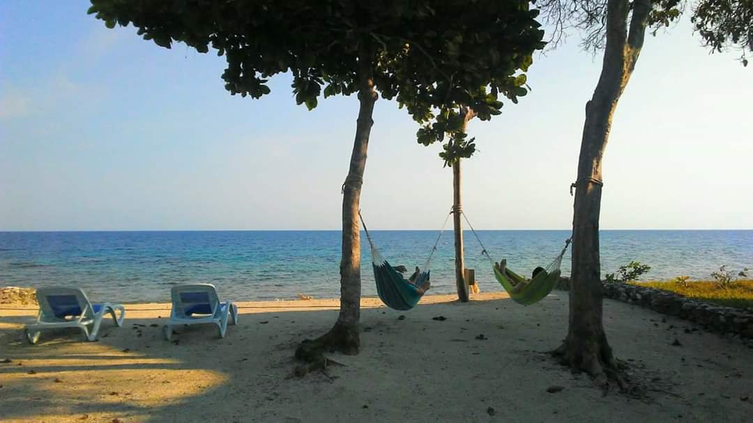 Beach scene with two lounge chairs and two hammocks strung between trees, overlooking calm ocean waters at sunset or sunrise.