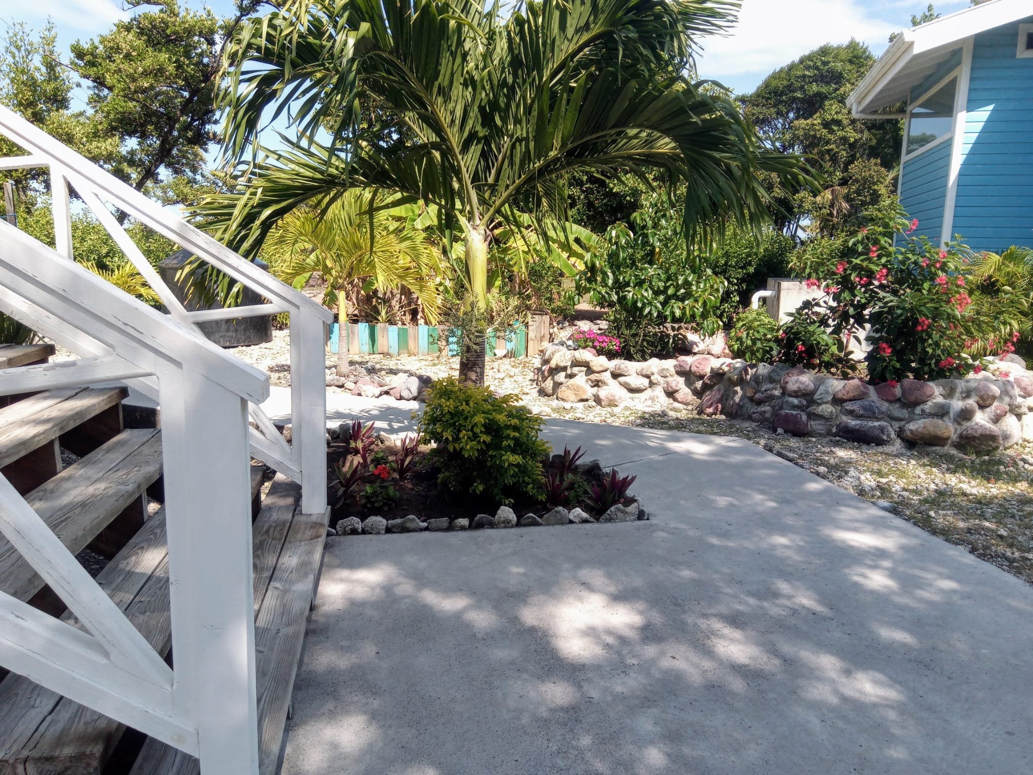 A backyard garden with tropical plants, colorful flowers, a winding concrete path, and a white wooden staircase leading to a house with blue siding.