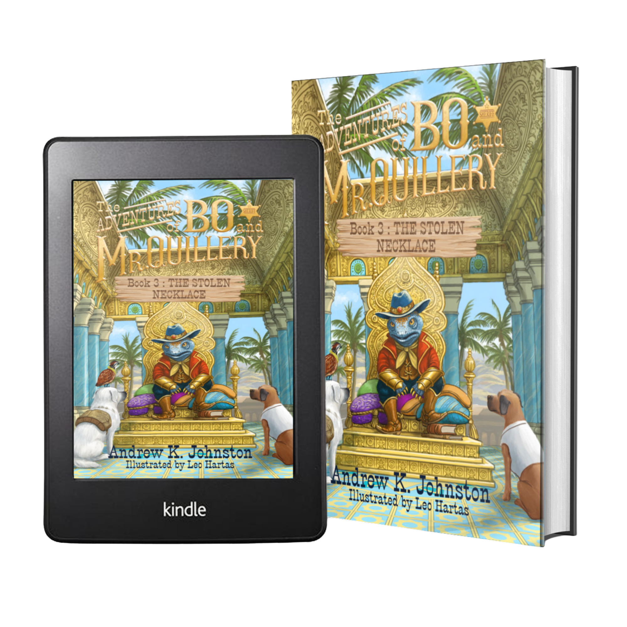 Book cover of 'The Adventures of Bo and Mquillery', book 3, titled 'The Stolen Necklace', featuring a blue lizard character in a red jacket and cowboy hat sitting on a gold throne, with two dogs and a parrot in a lush palace setting.