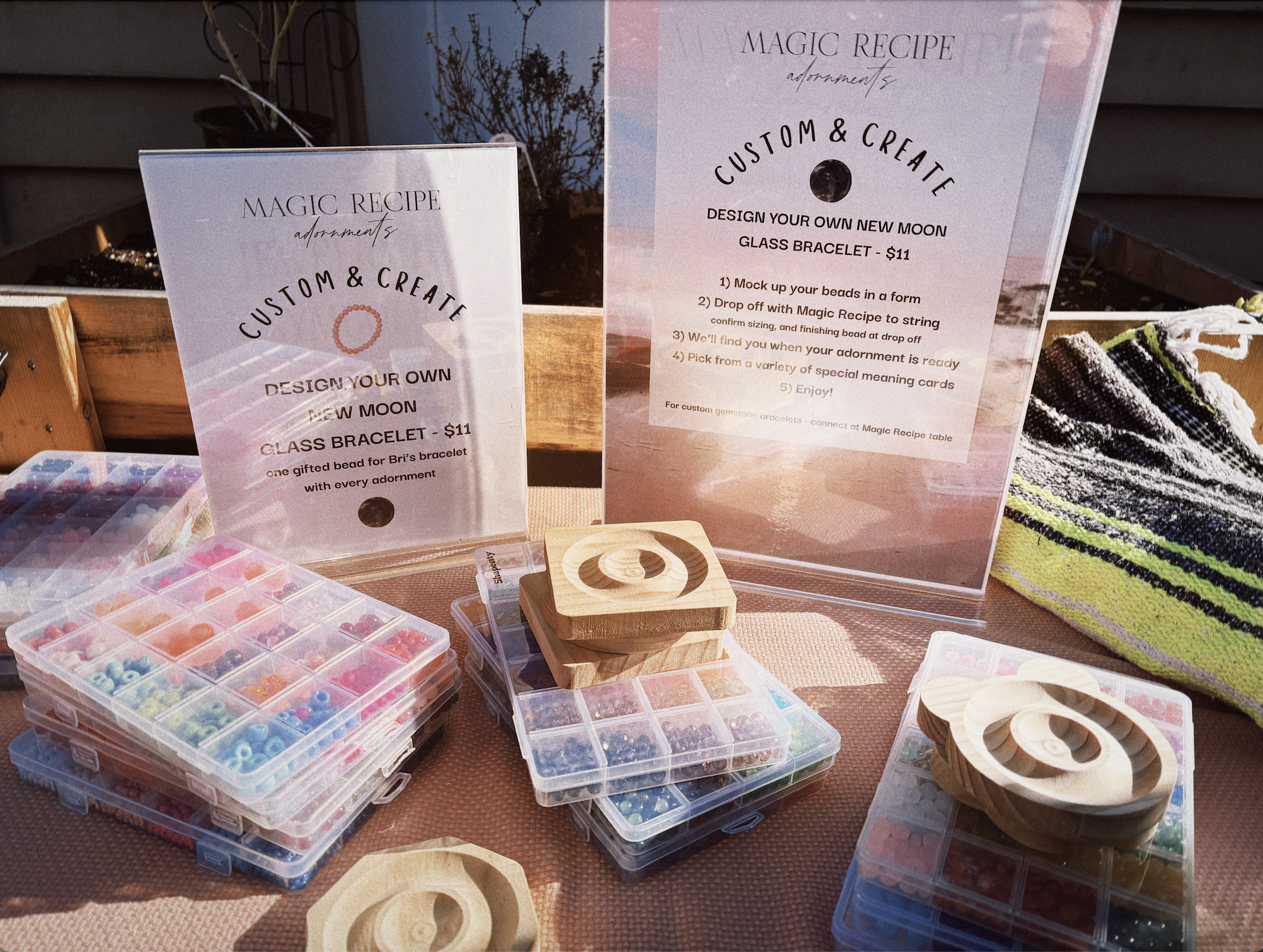 Birthday party 'bead bar' set up with options including: pop-up shop style, hosted party favors, or a combo of the two. 