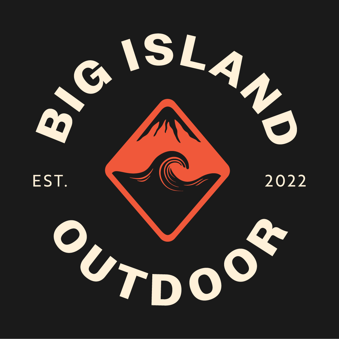 A circular logo with the words 'Big Island Outdoor' and 'Est. 2022'. It features a red diamond-shaped emblem with a mountain, a wave, and a volcano symbol inside, set against a black background.