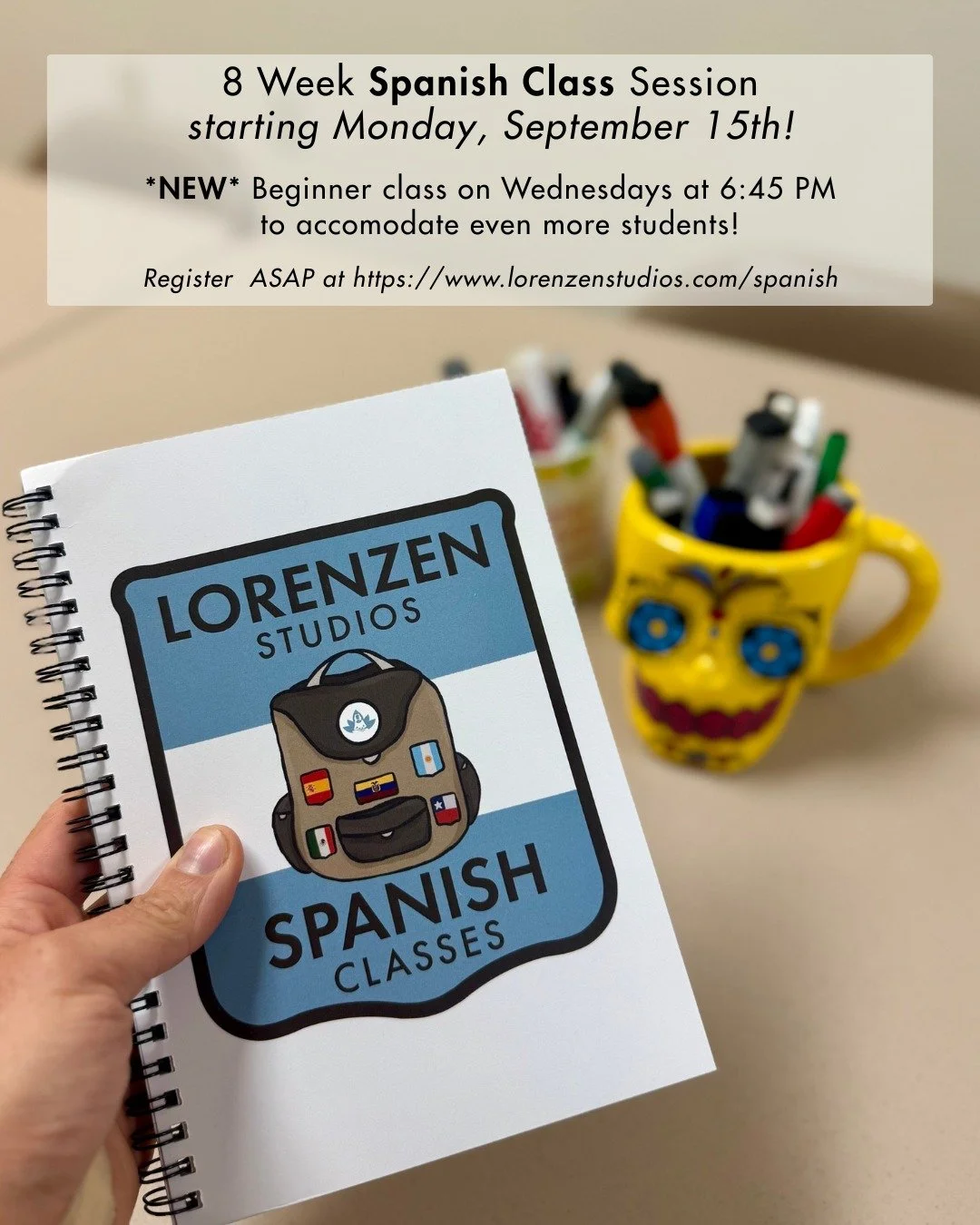 ✨Here's what's happening at the studio this week ✨
Our next 8-week Spanish Class session starts Monday, September 15th! To accommodate even more beginner students, we've just added a NEW beginner class on Wednesdays at 6:45 PM. Spots are filling fas