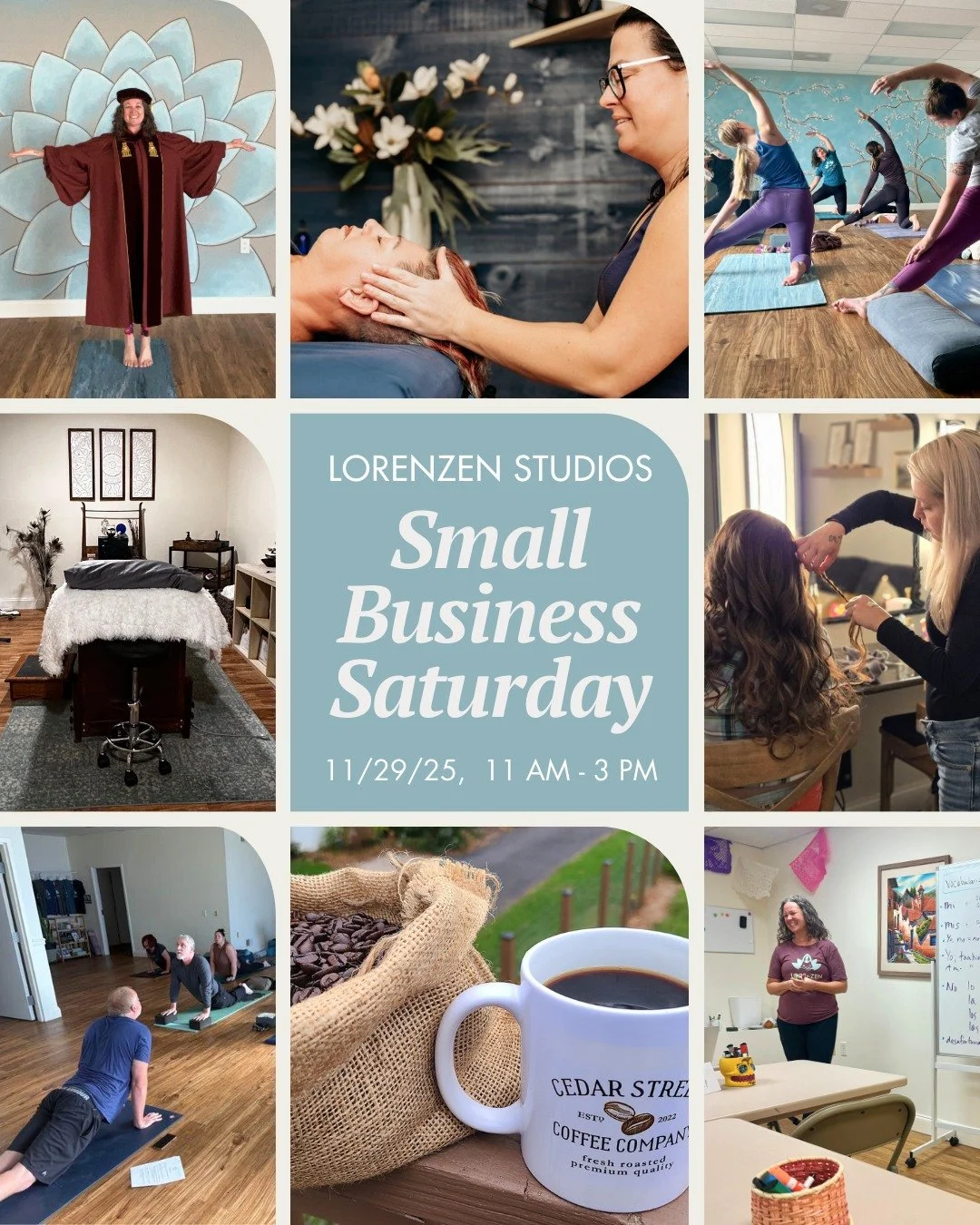 Join us at Lorenzen Studios on Small Business Saturday! Get a swag bag, samples, giveaways, and promotions, and get to know these amazing local businesses. 

Featuring:
⭐Swag Bags sponsored by Hair Dreams Salon
⭐Free Chair Massages by Blue Magnolia M