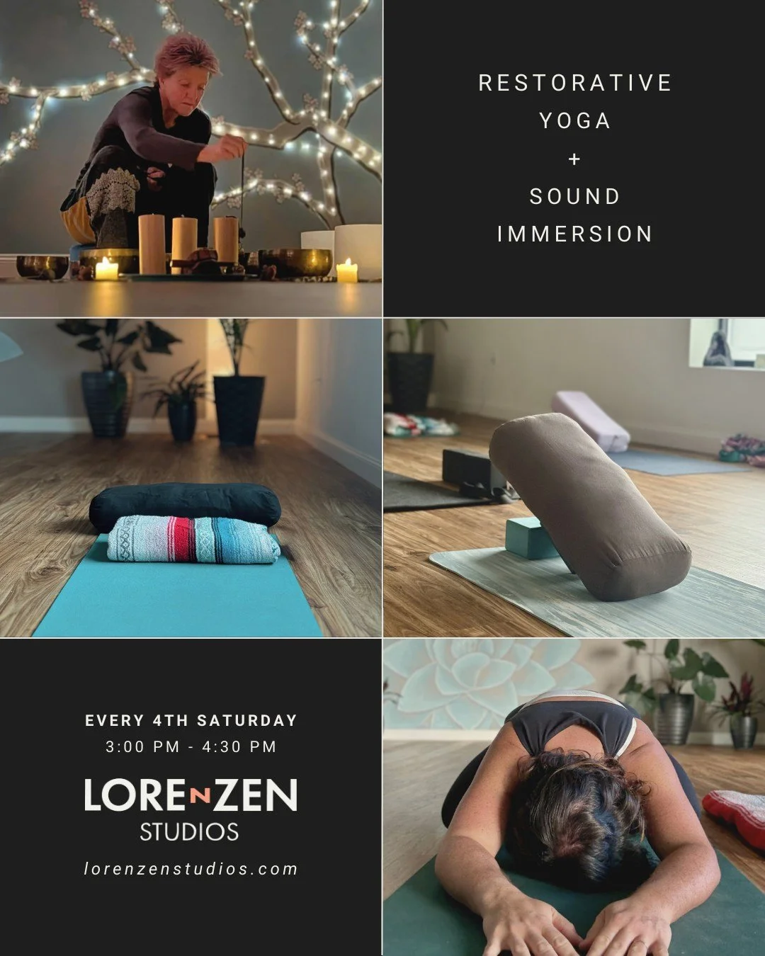 ✨NEW✨ at Lorenzen Studios:  Restorative Yoga + Sound Immersion Journey 

Join us for a restorative experience, every 4th Saturday from 3 - 4:30 PM, starting Saturday, February 28th. 

Enjoy the rejuvenating benefits of Restorative Yoga led by Charla,